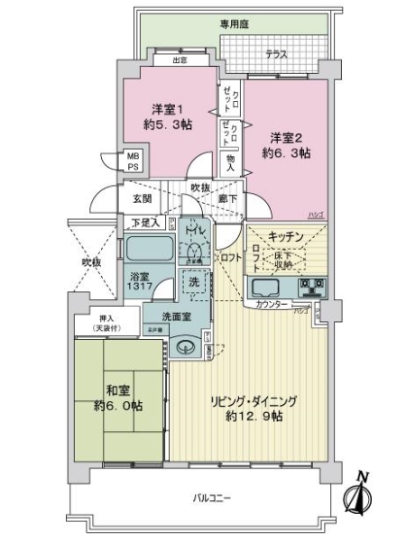 ライオンズヴィアーレ鹿山A棟の間取図