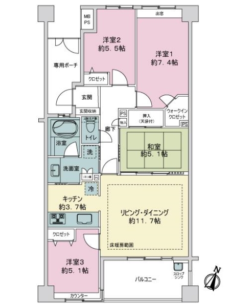 ライオンズヴィアーレ牛田旭の間取図