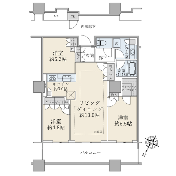 ブリリア有明スカイタワー／３ＬＤＫ／７５．４４平米／北西向きの間取図