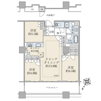 ブリリア有明スカイタワー／３ＬＤＫ／７５．４４平米／北西向きの間取図