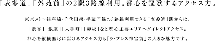 東京メトロ銀座線・千代田線・半蔵門線の3路線利用できる「表参道」駅からは、「渋谷」「銀座」「大手町」「赤坂」など都心主要エリアへダイレクトアクセス。都心を縦横無尽に駆けるアクセス力も「ラ・プレス神宮前」の大きな魅力です。