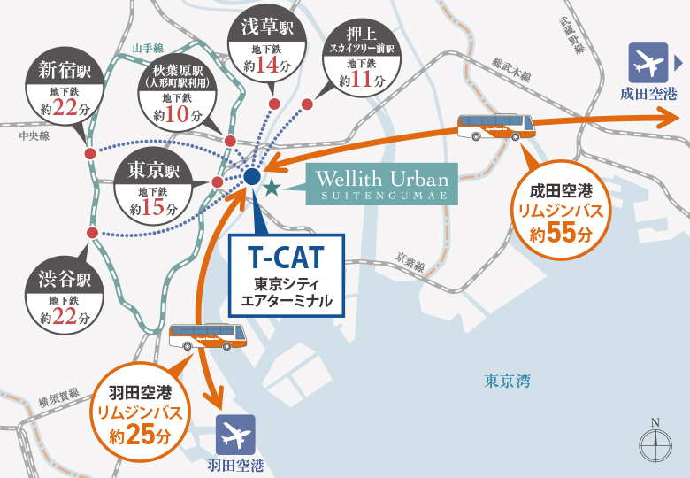 T-CAT東京シティエアターミナルからの空港&観光アクセスMAP