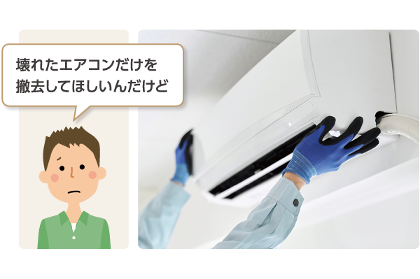 [左]男性のイラスト「壊れたエアコンだけを撤去してほしいんだけど」[右]作業員がエアコンを撤去している写真